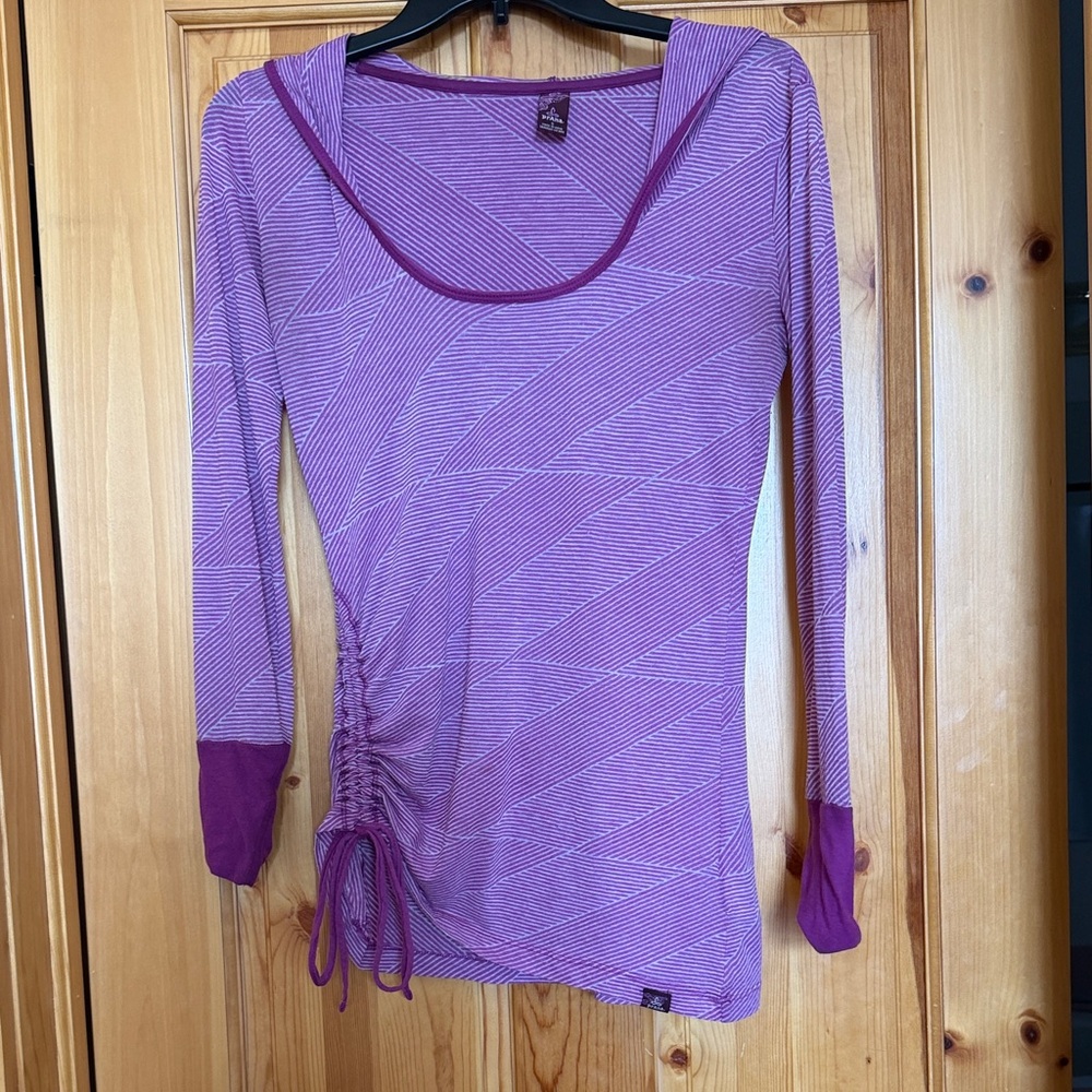 Prana Women's Violet and Grey Hooded Long-Sleeve Semi-Sheer Top, size small